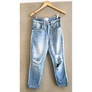 Frame Side Fringe Jeans Blue Light Wash Distressed Button Fly Size 25